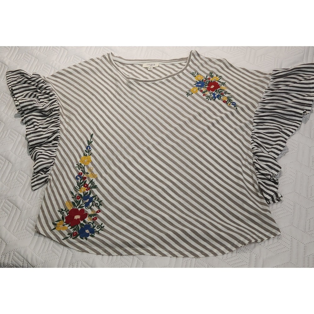 Umgee Embroidered Floral Striped Ruffle Sleeve Top‎ Blouse Size S Small